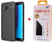 Silicone Leatherlook gel zwart hoesje Samsung Galaxy J6 (2018) met glas screenprotector