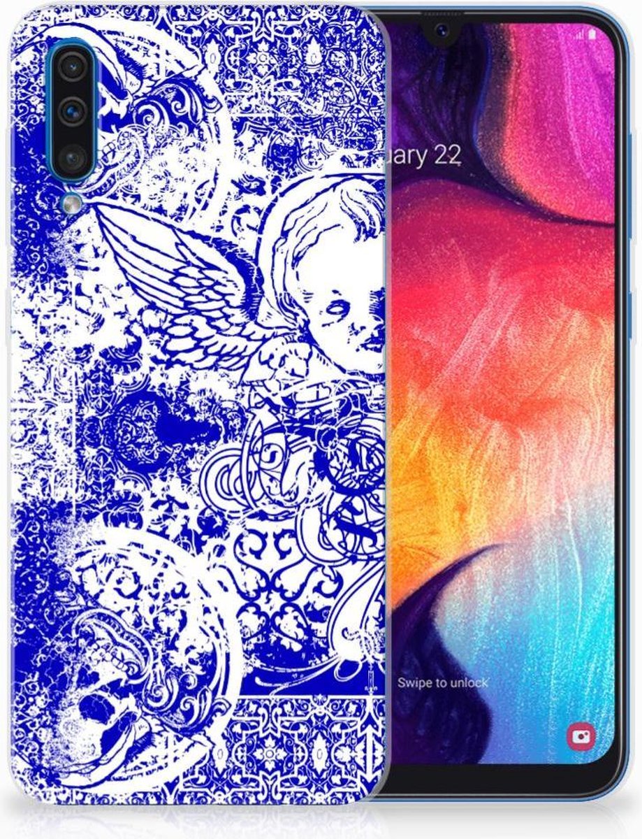 TPU Hoesje voor Silicone Back Case Samsung Galaxy A50 Angel Skull Blauw