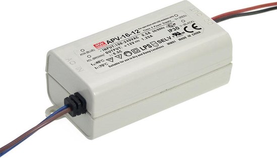Transformateur LED Meanwell 15W 12VDC 1.25A IP20 CV APV-16-12