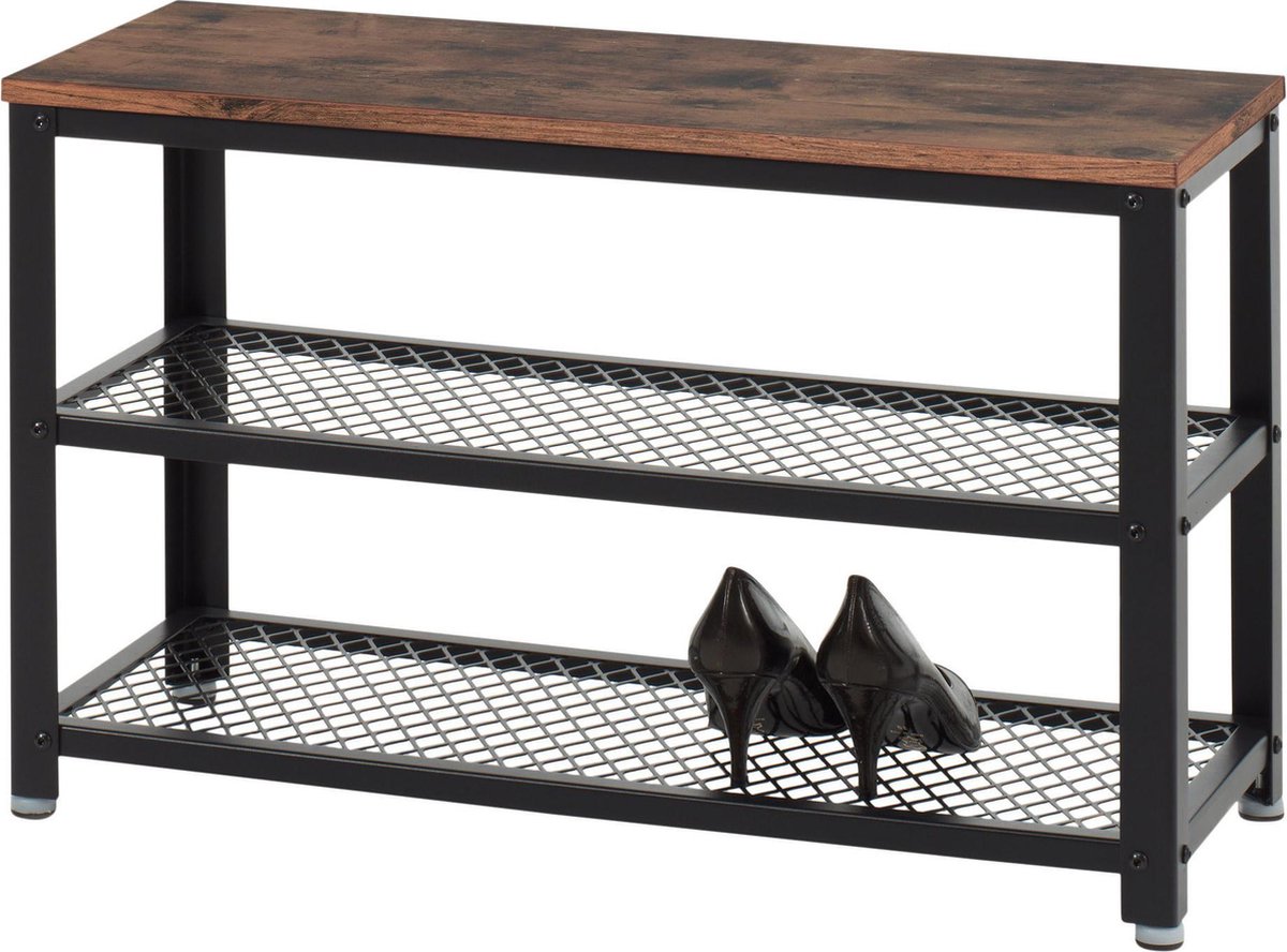 Acaza Schoenenrek in Hout en Metaal met Vintage Look - 73x30x45cm - Zwart / Bruin