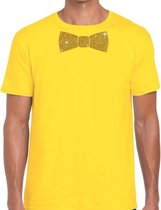 Geel fun t-shirt met vlinderdas in glitter goud heren XL