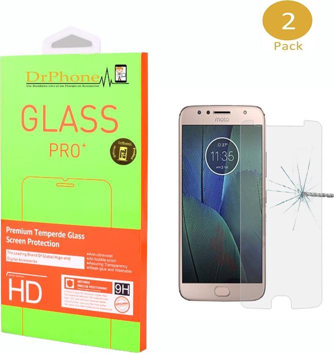 DrPhone 2 x Moto G5s Plus Glas - Glazen Screen protector - Tempered Glass 2.5D 9H (0.26mm)
