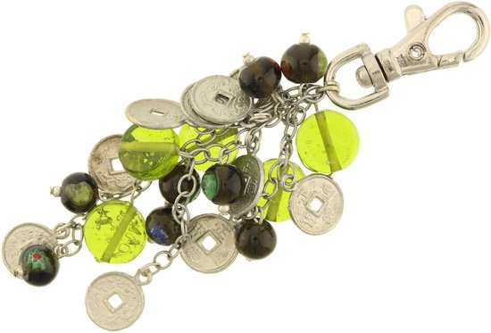 Pendentif Behave® Bag - porte-clés - couleur argent vert avec pièces et perles 9 cm