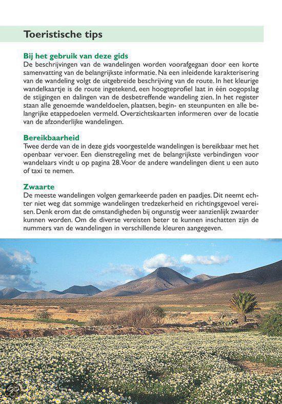 Toeristische tips voor wandelgidsen, met een foto van een bloemenveld en bergen op Fuerteventura.