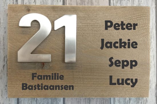 Peer Overeenkomstig met Celsius Naambordje voordeur steigerhout Met èchte RVS huisnummercijfers | houten  naambord 30x20 cm | bol.com