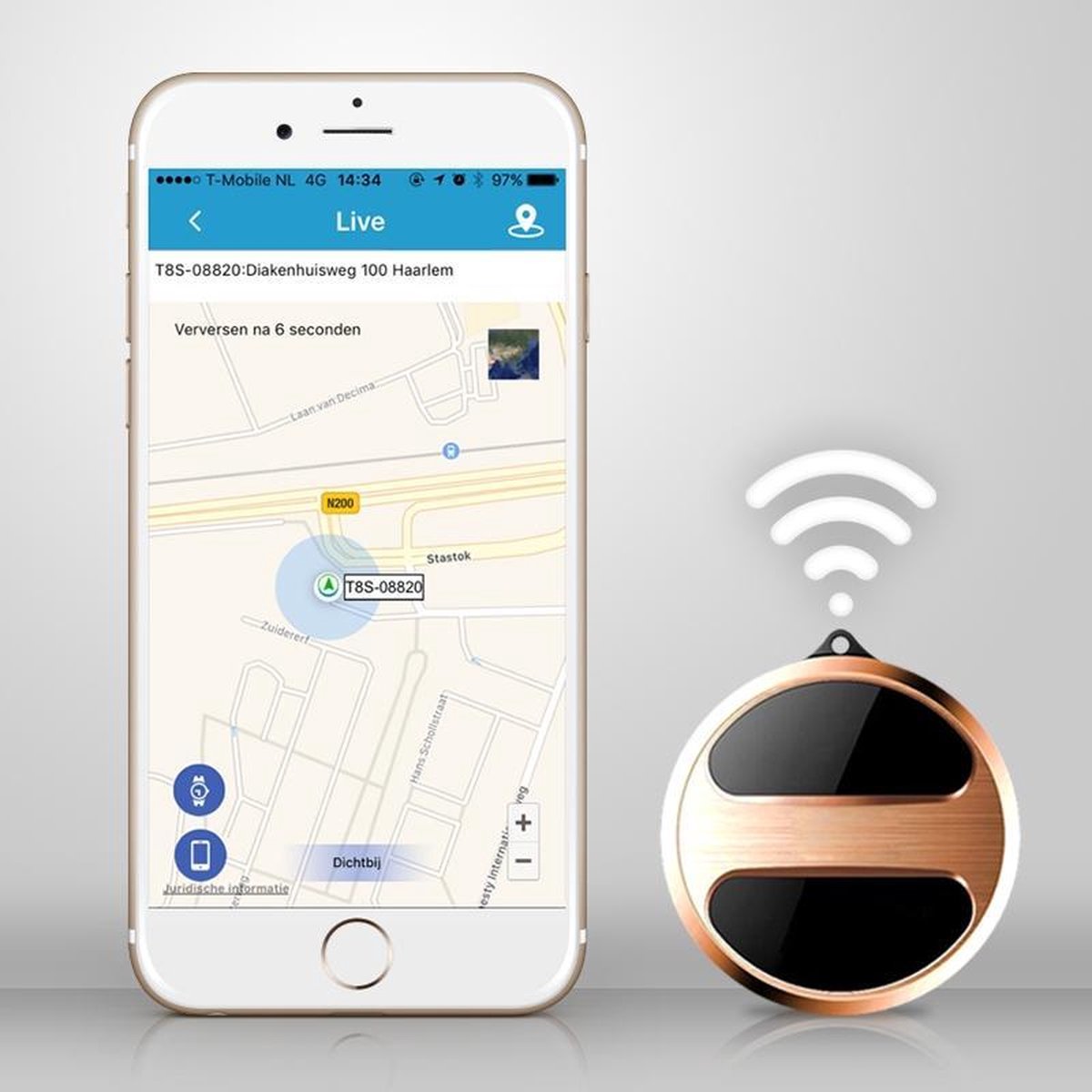 GPS Tracker met unieke volg app. Real time volgen of terugkijken tot 30 dagen terug....