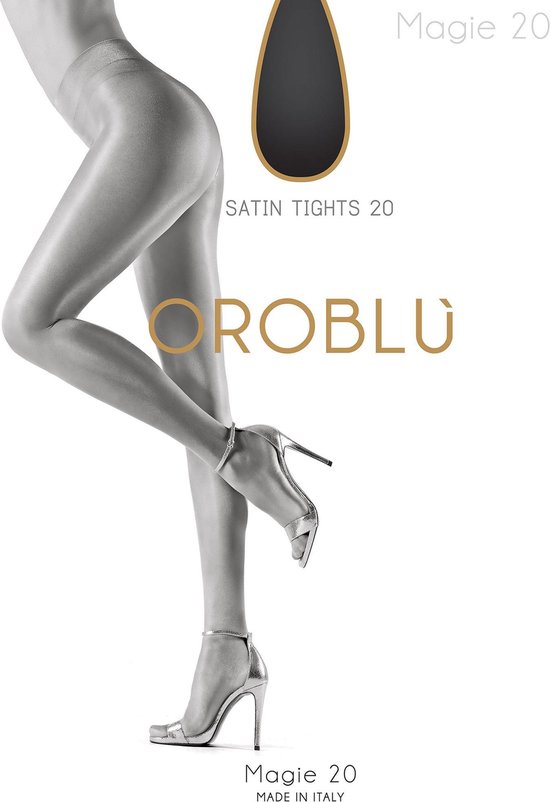 Zilverkleurige satijnen panty, model Magie 20, van Oroblu.