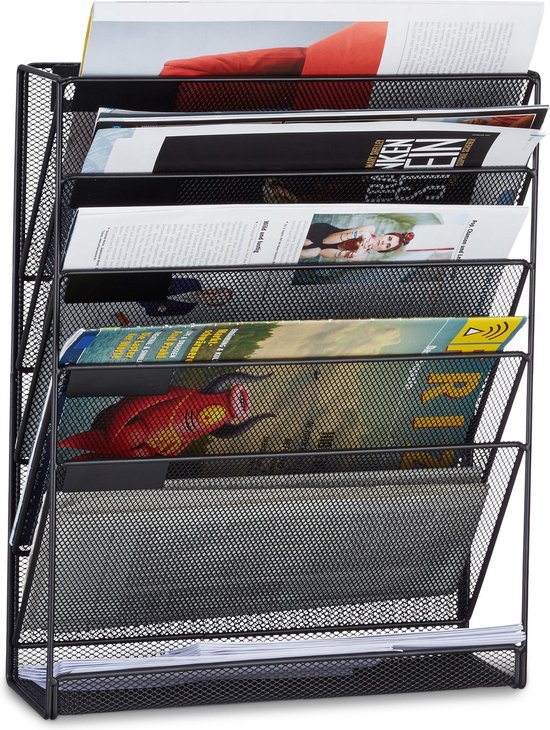 Relaxdays tijdschriftenrek muur - lectuurrek wand A4 - tijdschriftenhouder - 6 vakken - zwart