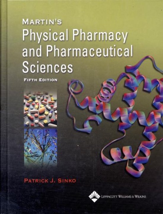 Livre "Martin's Physical Pharmacy and Pharmaceutical Sciences", cinquième édition, avec une structure en hélice détaillée et des images de pilules.