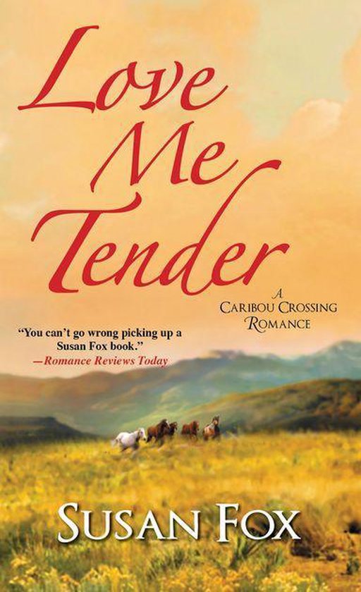 Boekcover met de titel "Love Me Tender" in rood handschrift, met op de achtergrond een zonsondergang en een kudde paarden in een veld.