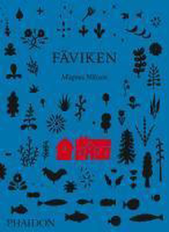 Boekomslag Fäviken met blauwe achtergrond en zwart-witte iconen van planten, dieren en huizen.