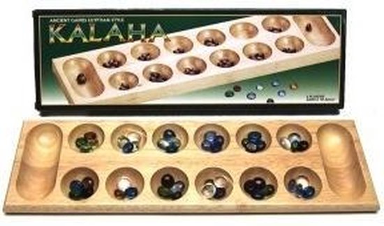 Afbeelding van het spel Kalaha blank hout met glazen stenen 45 cm.