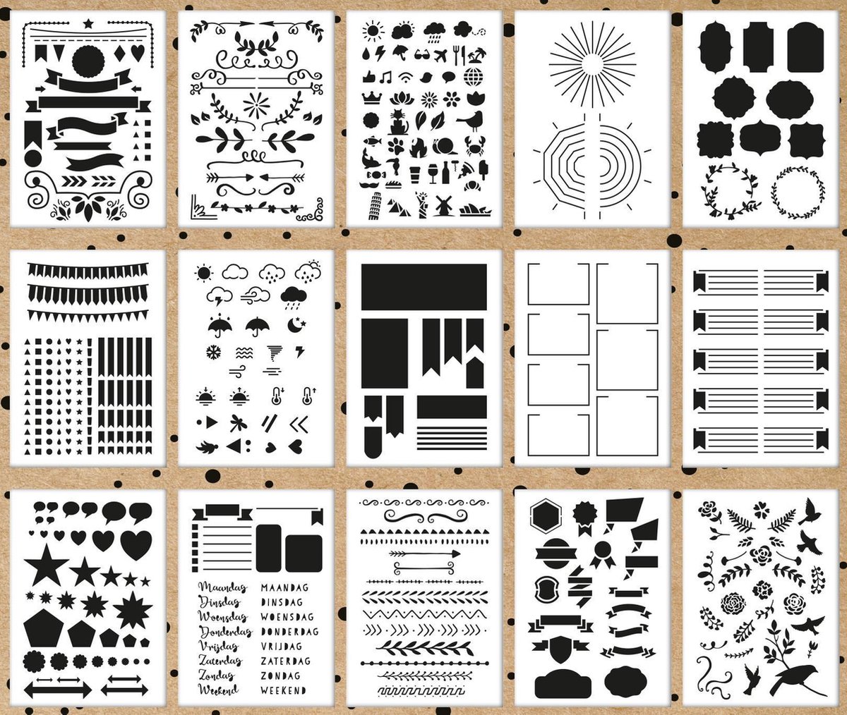 Bullet Journal Stencils Set van 15 + 1 Letter Stencil + Bullet Journal Cats Stickervel