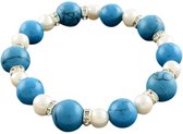 Zoetwater parel armband Bling Pearl W Turquoise - echte parels - turkoois - wit - stras steentjes - zilver - elastisch