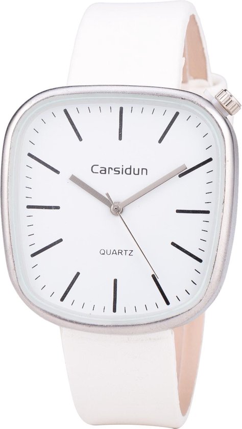 Leren Dames Horloge - Vierkant - Wit & Zilver - Carsidun
