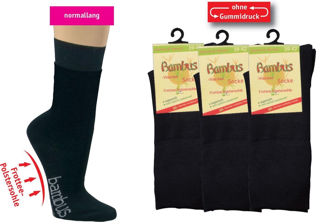Bamboe sokken - 3 paar – zwart  - badstofzool - normale schachtlengte - maat 43/46