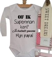 Baby Rompertje tekst eerste Vaderdag cadeau |  Rompertje zwanger Of ik superman ken? Je bedoelt gewoon mijn papa!  | lange mouwen | wit zwart | maat 98-104 | mooiste cadeautje kind