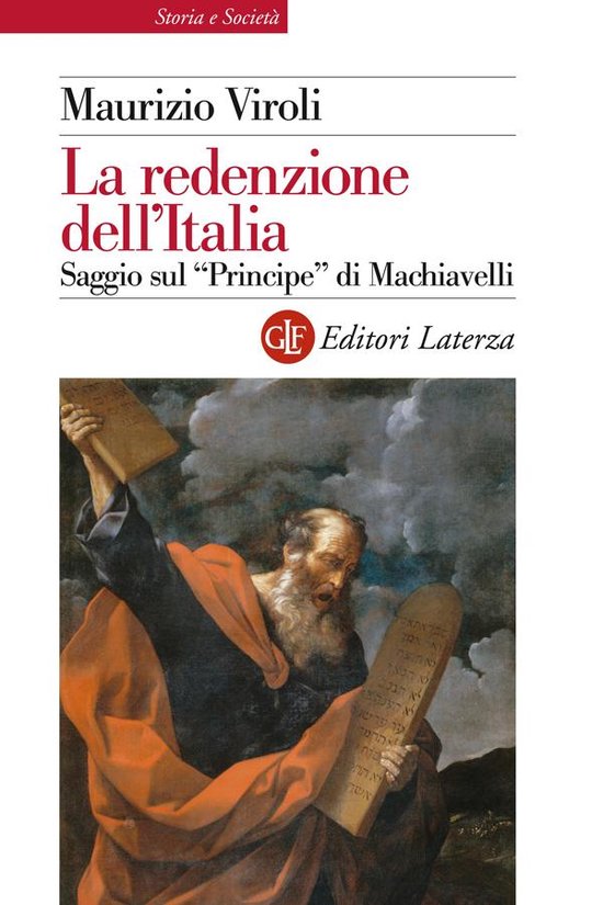 Livre "La redenzione dell'Italia" par Maurizio Viroli, avec une image de Moïse tenant les Dix Commandements.