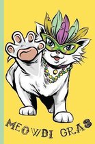 Meowdi Gras - Mardi Gras Cat Wearing Feather Mask and Colorful Beads