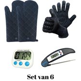 Gohh Set van 2 BBQ Handschoenen (Kevlar-Aramide), 2 Canvas Ovenwanten, 1 Zwarte Inklapbare Vleesthermometer en 1 Digitale Kookwekker