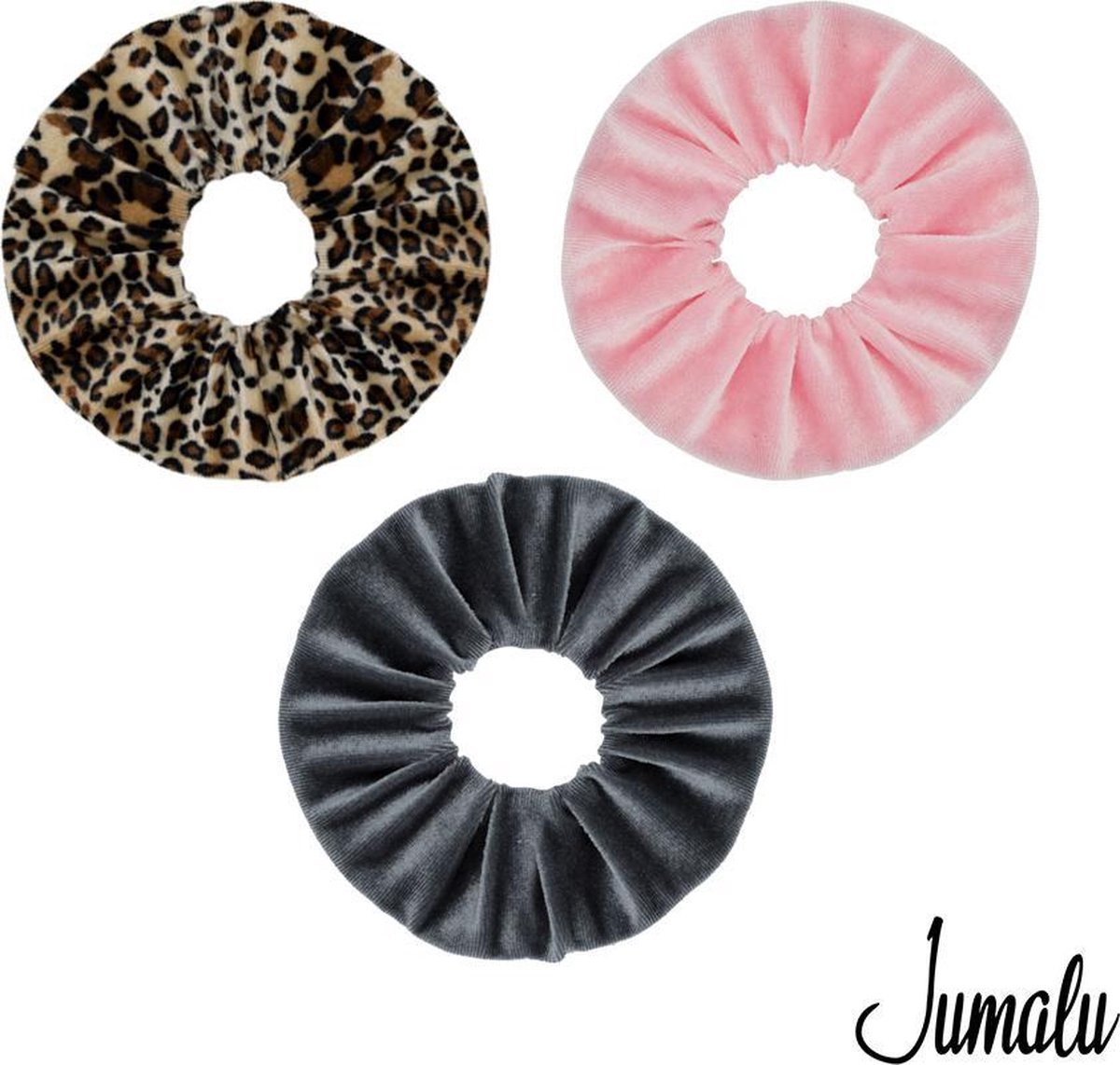 Jumalu scrunchie velvet haarwokkel haarelastiekjes - lichtroze, grijs en tijgerprint - 3 stuks