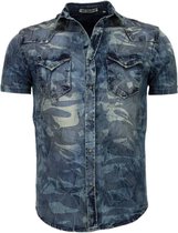 Denim Heren Overhemd - Korte Mouwen - Leger Motief - Blauw