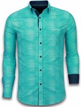 Italiaanse Overhemden - Slim Fit Overhemd - Blouse Flower Icon Pattern - Turquoise
