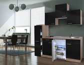 Goedkope keuken 180  cm - complete kleine keuken met apparatuur Luis - Eiken/Zwart - elektrische kookplaat  - koelkast          - mini keuken - compacte keuken - keukenblok met app