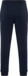 Achterkant van een donkerblauwe joggingbroek met elastische taille.