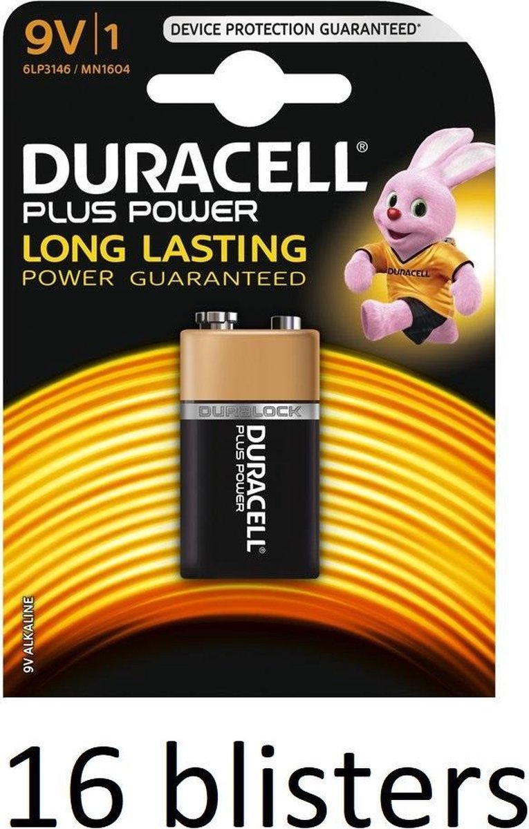 Duracell Plus Power 9V Alkaline Batterij -16 Stuk (16 Blisters a 1 st)