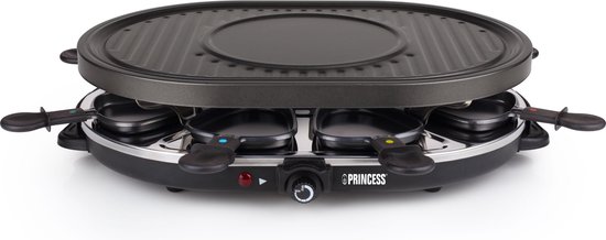 Princess Gourmetstel 162700 - Raclette Oval Grill Party - Speciaal crêpegedeelte - 8 personen - 43 x 30 cm - 2 meter snoer - 1200W - Regelebare thermostaat - 8 pannetjes