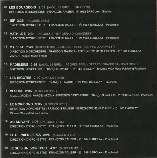 Tracklijst van CD 2, nummers 11-20, van 'Brel infiniment'.