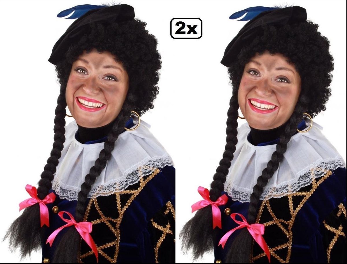 2x Pruik Piet krul zwart met 2 vlechten