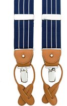 Albert Thurston 1585 white stripes - bretels - blauw met wit gestreepte banden van canvas - bruin leer - Y model - clips en lussen