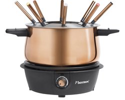 Bestron elektrische Fonduepan met 8 fonduevorken, elektrische Fondueset inclusief traploze temperatuurregelaar & spatbescherming, vaatwasmachinebestendig, kleur: koper