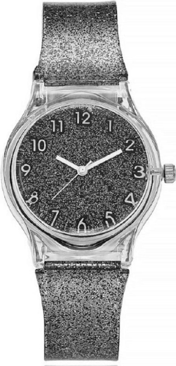 Glitter horloge - zwart - kinderen- tieners - 33 mm - I-deLuxe verpakking