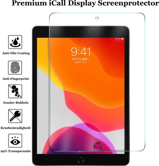 Transparante screenprotector op een tablet met een kleurrijk achtergrondschermafbeelding. Links staan iconen met teksten.