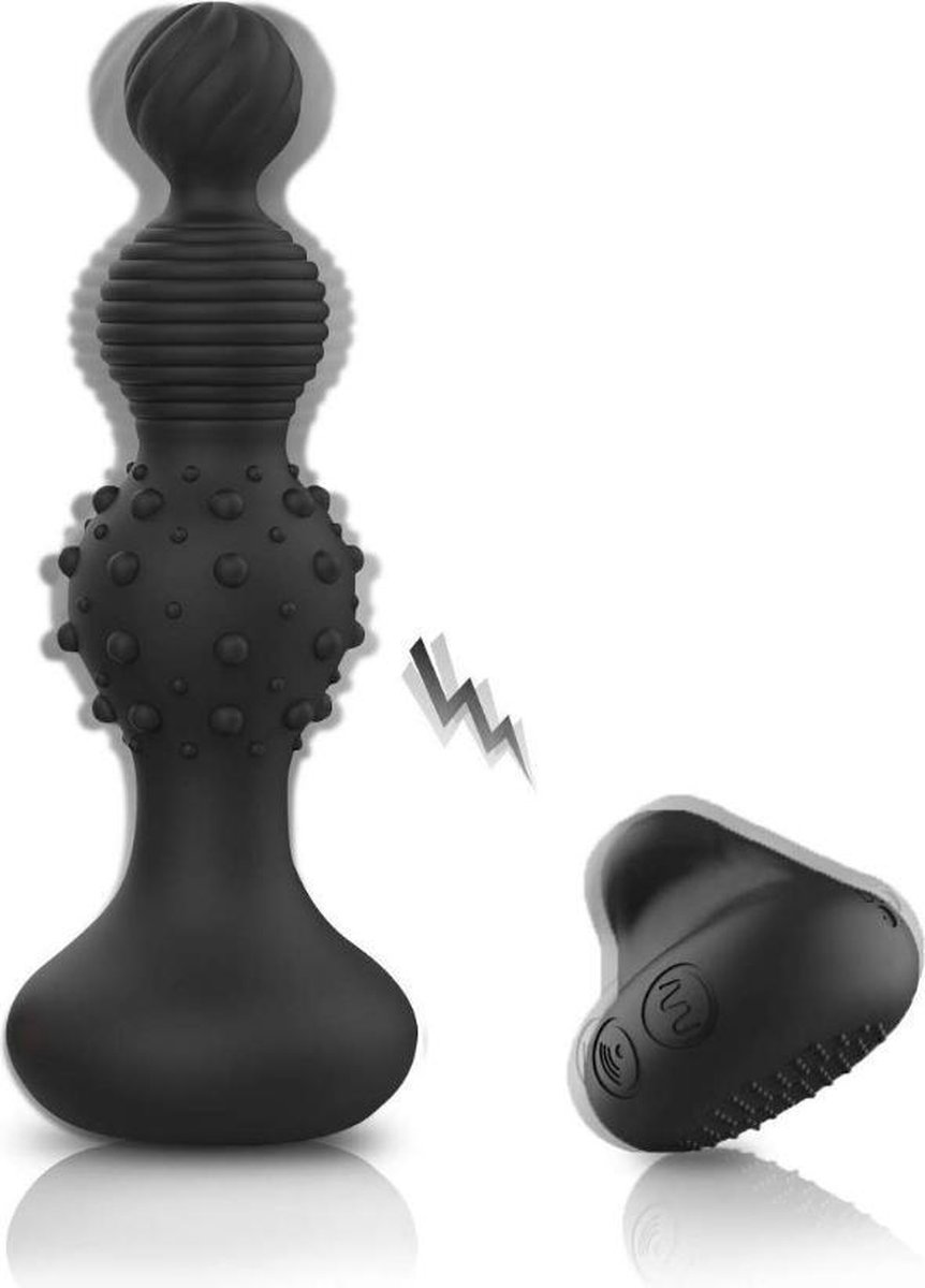 Siliconen Anaal Vibrator met Grove Stimulatie Kralen en Vibrerende Afstandsbediening 15 cm – Zwart
