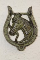 Gietijzeren deurklopper paardenhoofd met hoefijzer - 12.5 cm breed x 17 cm hoog