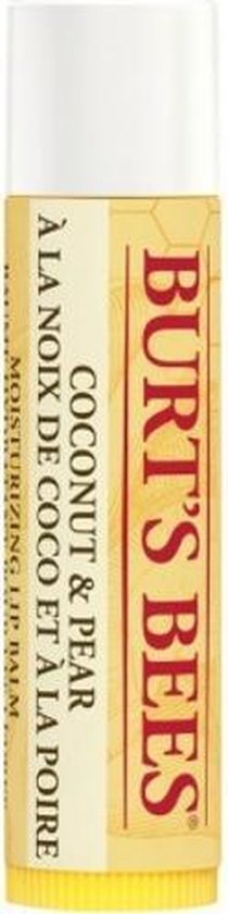 Burt's Bees Kokos & Peer lippenbalsem met gele en witte verpakking.