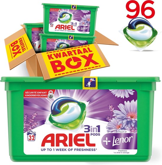 Doses Ariel 3 en 1 Touch Of Lenor - Boîte trimestrielle 3 x 32 lavages -  Doses de