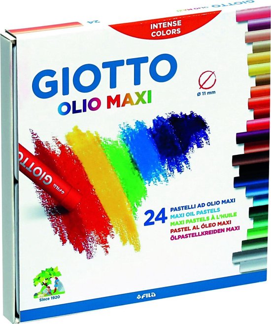 Doos Giotto Olio Maxi oliepastels. "Intense Colors", "24 MAXI OIL PASTELS". Met gekleurde vegen.