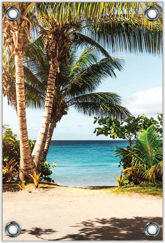 Affiche de jardin Palm et cabanes sur l'île tropicale 120x80 cm
