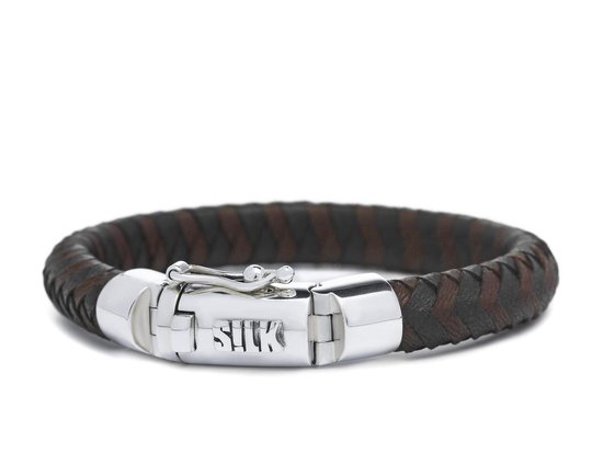 SILK Jewellery - Zilveren Armband - Arch - 326BBR.22 - bruin/zwart leer - Maat 22