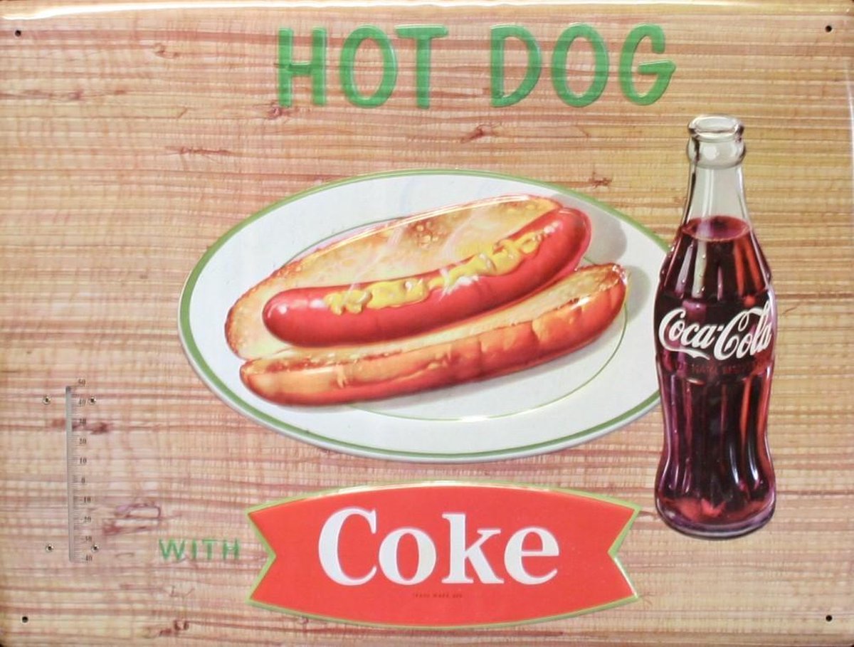 Coca Cola & Hotdog met thermometer wand- reclamebord 30x40cm - Coca-Cola