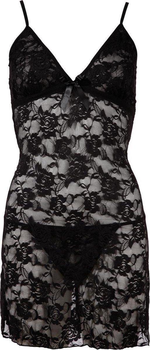 Goedkoopste Cottelli Collection – Sierlijk en Licht Erotisch Nacht Jurk Half Transparant met Bijbehorende String – Maat XL - Zwart