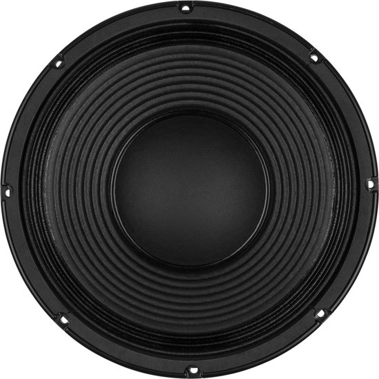 Zwarte woofer met conus en geribbelde rand, vanuit de voorkant bekeken.