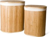 Set van 2 Bamboe Wasmanden incl. waszak met Deksel, Katoenen Zak en Handvaten â€“ Ovaal -Naturel â€“ 50L / 26L