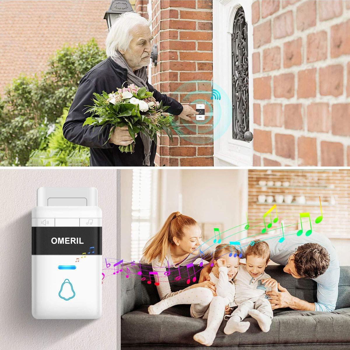 Deurbel, batterijloos, draadloze bel voor buiten, waterdicht IP55