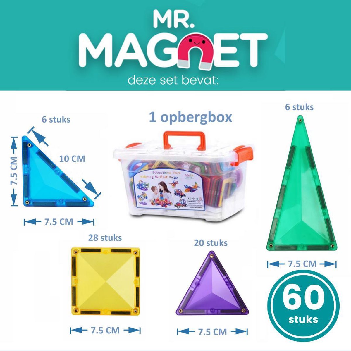 Set De 60 Pièces Magnetic Tiles - Jeu De Construction Magnétique Enfant 3-12 Ans